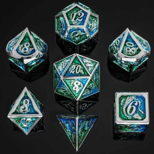 Silver w/Green& Blue dragon fém dobókocka készlet társas- és szerepjátékokhoz