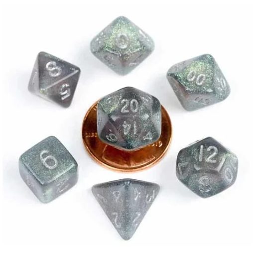 Chessex Mini 10mm Polyhedral Dice set: Stardust Gray w/ Silver Numbers 7 darabos mini kockakészlet