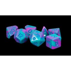   Chessex Mini 10mm Polyhedral Dice set: Purple/Teal w/ Blue 7 darabos mini kockakészlet